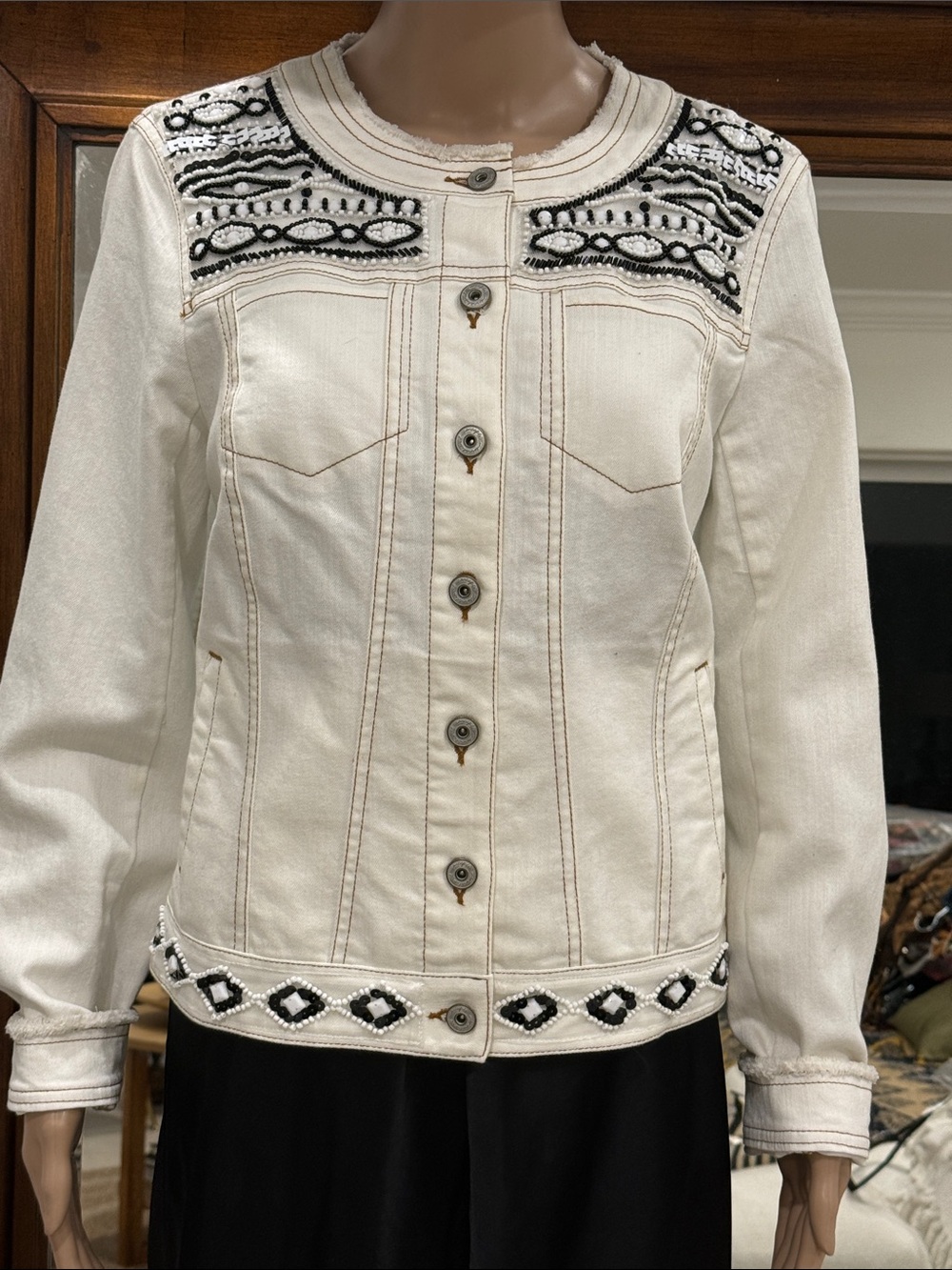 INC International Concepts Ivory Embellished Button-Front Jean Jacket Sz Medium